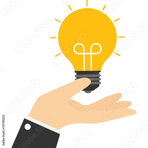 idea generating concept, bright lamp on the palm. The idea, think outside the box, imagination, solution, and venture. Brainstorm, big idea, business, flat illustration design.
