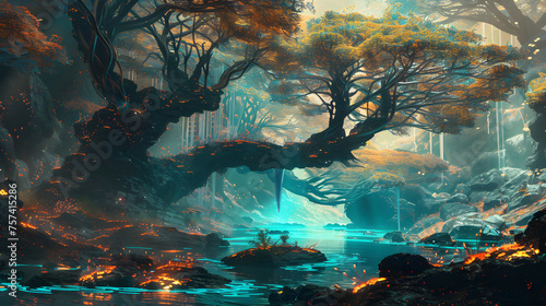 Mystical Forest with Floating Islands and Luminous Lake