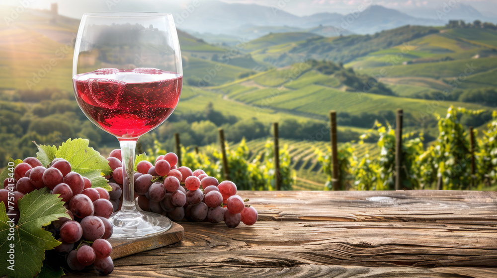 Red wine glass on wooden table next to the grape, green valley, mountain on background.