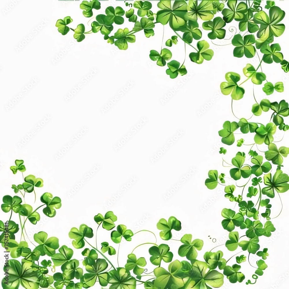 White isolated background with space for your own content around green clovers, illustration. Green four-leaf clover symbol of St. Patrick's Day. White isolated background with space for your own content around green clovers, illustration. Green four-leaf clover symbol of St. Patrick's Day.