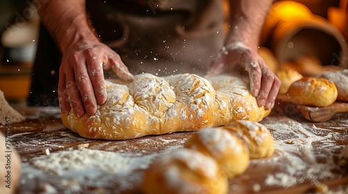 A baker's hands shaping dough. AI generate illustration