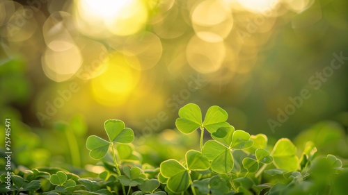Fine green clovers growing out of the ground on a bright green background with great bokeh effect. Green four-leaf clover symbol of St. Patrick's Day.