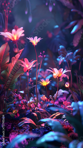 3D Rendered Neon Flowers in Mystical Garden