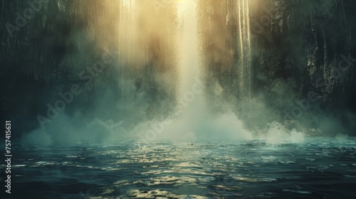 A scenic and ethereal image capturing rays of sunlight streaming through the dense mist of a serene forest landscape