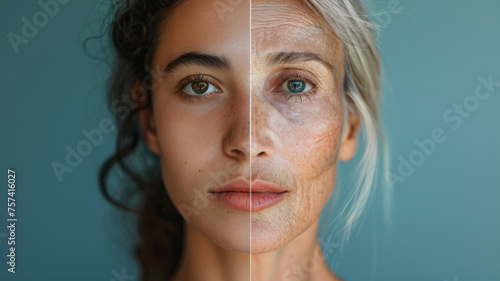 A half-face comparison of young and aged beauty. photo