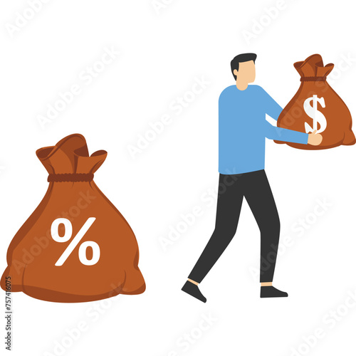 Commission Payment concept, businesswoman standing with money bag and commission share. interest rate for loan repayment or investment profit percentage, incentive to reward or motivate concept.