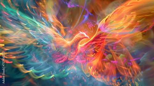 Holographic Abstract Phoenix in Vivid Colors Rising