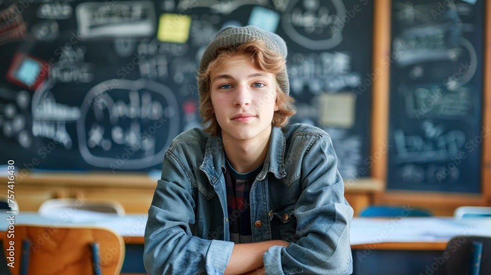 young student in a classroom with the day background board in high resolution and high quality. student concept young student in a classroom with the day background board in high resolution and high quality. student concept