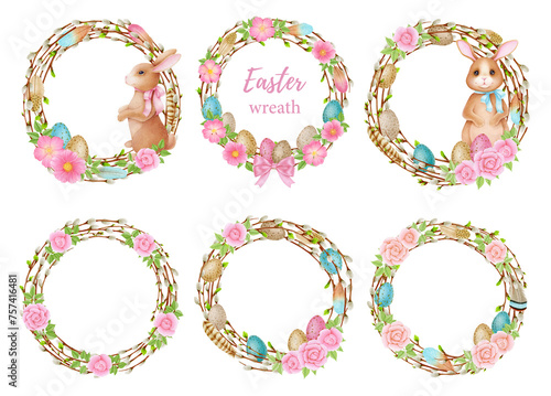 Watercolor Spring Easter wreath. Hand drawn tree branch with feathers, eggs, leaves, willow Frame illustration. Isolated design for invitations, greeting card, poster, print label concept.  © olgamurkot