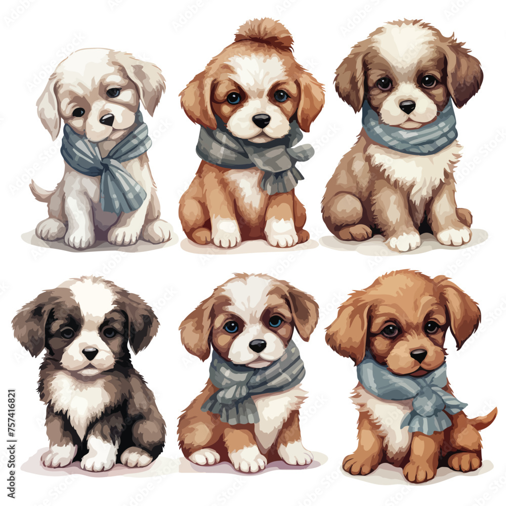 Winter Puppies Clipart isolated on white background
