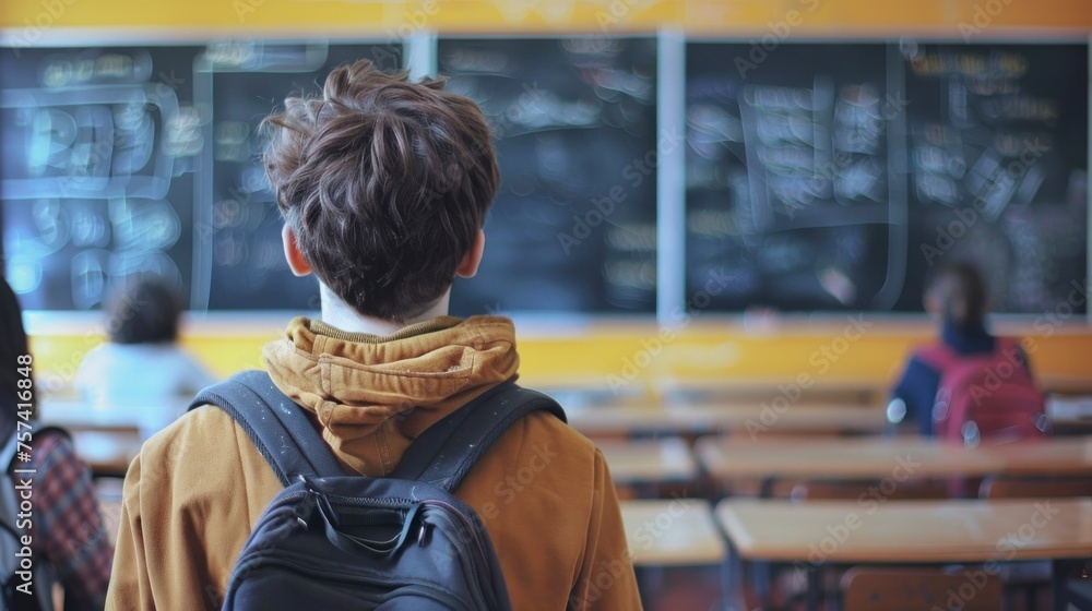 young student in a classroom with the day background board in high resolution and high quality. concept student,classes,young young student in a classroom with the day background board in high resolution and high quality. concept student,classes,young