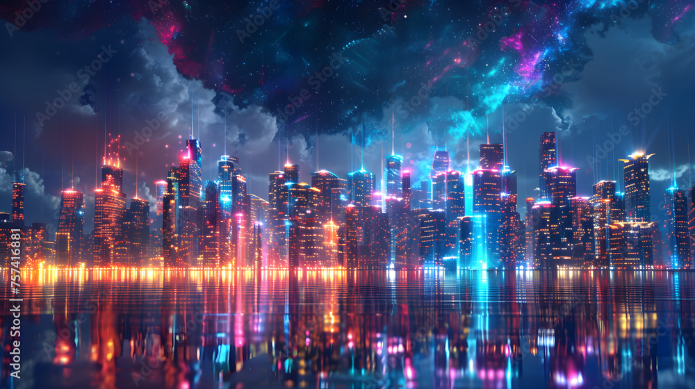Obraz premium Cyberpunk Inspired Holographic City Reflection