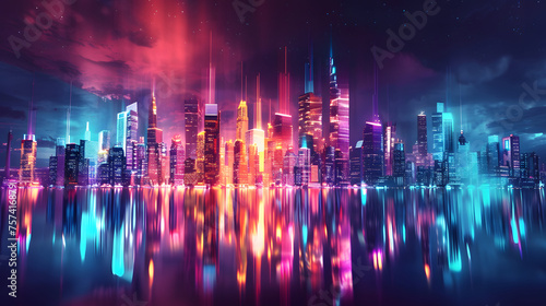 Futuristic City Skyline with Holographic Effect at Nighttime