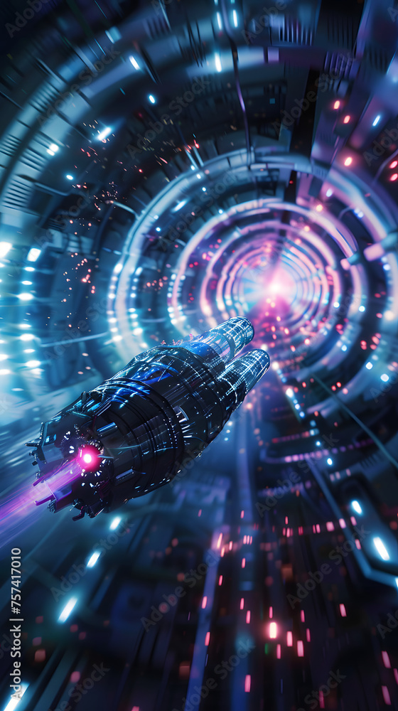 Spacecraft Speeding Through a Futuristic Light Tunnel
