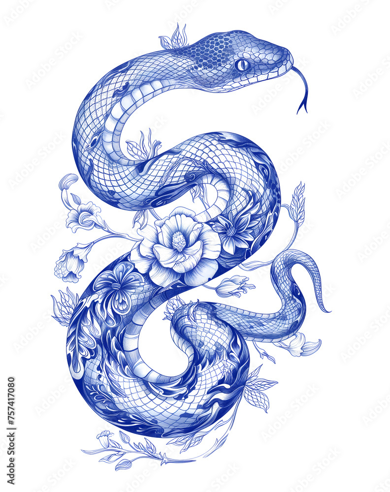 Minimalist delicate snake and flowers isolated illustration. Blue and white, oriental style tattoo sketch. Chinese New Year 2025 Zodiac Snake Minimalist delicate snake and flowers isolated illustration. Blue and white, oriental style tattoo sketch. Chinese New Year 2025 Zodiac Snake