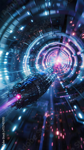 Spacecraft Speeding Through a Futuristic Light Tunnel