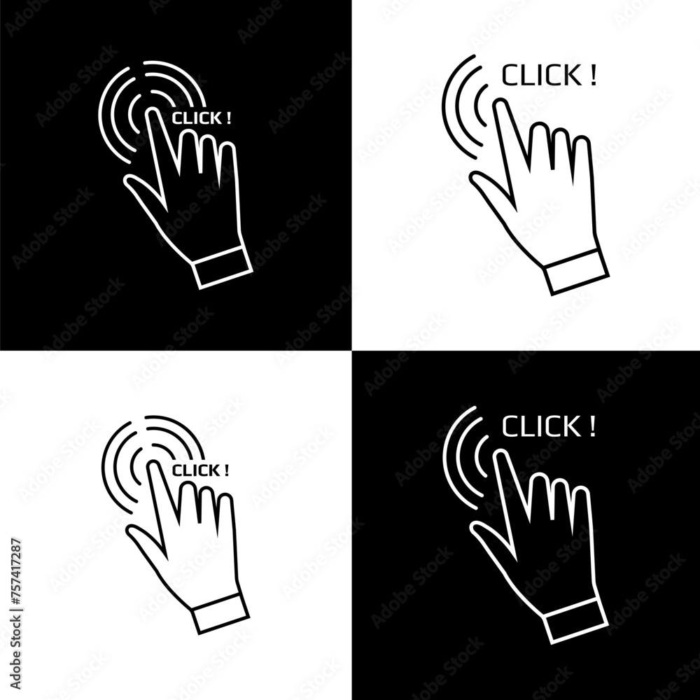 Hand click icon set in line style. Click here, Hand clicking, finger, Touch screen, pointer, cursor, gesture, mouse press push simple black style symbol sign for apps and website, vector. Hand click icon set in line style. Click here, Hand clicking, finger, Touch screen, pointer, cursor, gesture, mouse press push simple black style symbol sign for apps and website, vector.