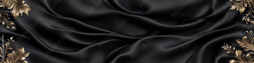 Fototapeta premium Black panoramic silk fabric background with blurred satin wavy texture, embellished with gold embroidery.