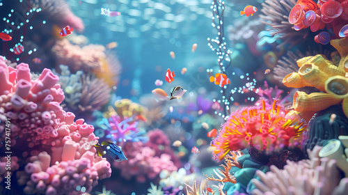 Abstract Underwater Landscape with Holographic Coral Reefs