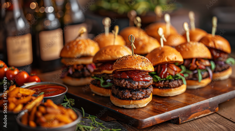 Obraz premium Close-up shot of gourmet burgers with glazed beef patties, fresh veggies, and rich sauces on a dark backdrop