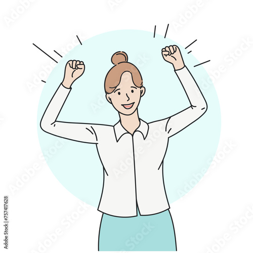happy girl rejoices and smiles. vector illustration in cartoon linear style