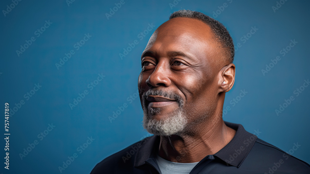 Mature Black Man Looking Left on a Blue Background Mature Black Man Looking Left on a Blue Background
