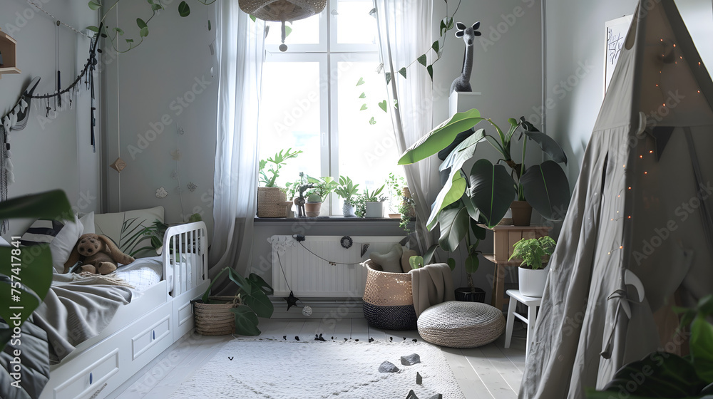 A charming child's bedroom with a playful tent, houseplants, and natural light for a joyful and inspiring space