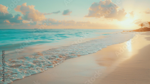 Beautiful beach, white sand and turquoise water, soft pastel colors, golden hour, sunset