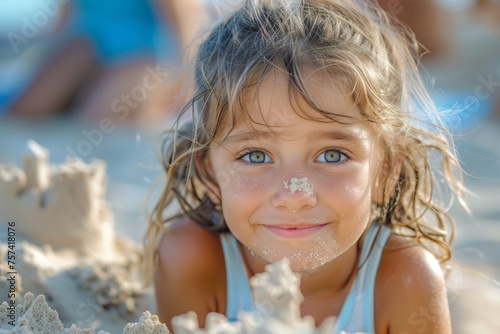 Close up of a little girl is smiling and making a sandcastle on the beach. Summer concept. photo