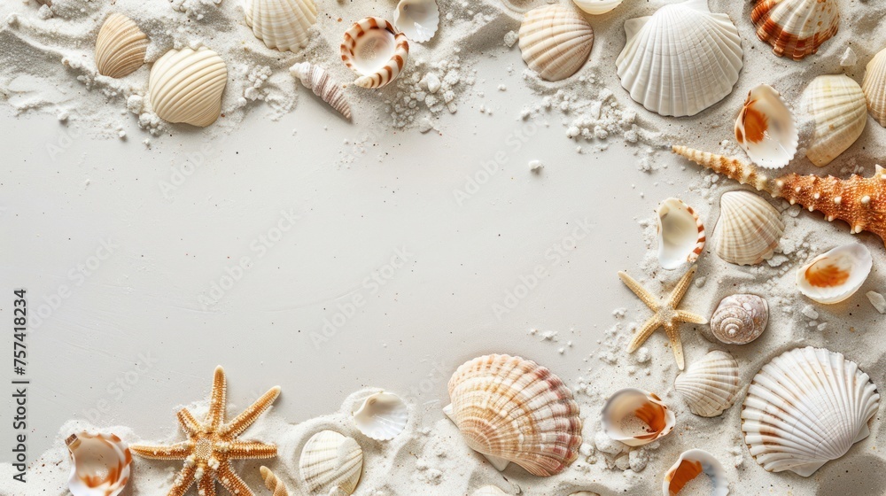 Top view sand and seashells tropical beach with copy space background. AI generated image Top view sand and seashells tropical beach with copy space background. AI generated image