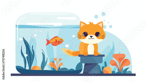 A cat on an aquarium with a goldfis Flat design vector