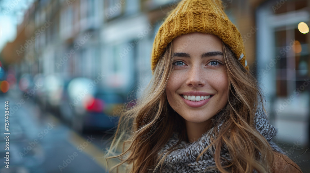 Joyful woman in a beanie smiles on a bustling city street. Joyful woman in a beanie smiles on a bustling city street.
