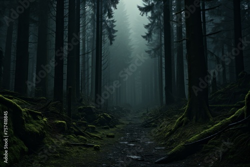 Misty forest with path cutting through dense woods © JackDong