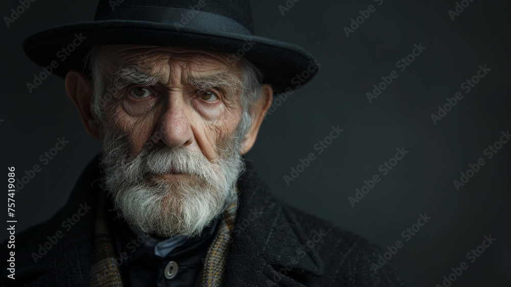 Stern old man with piercing eyes, donning a hat and coat in a moody setting.