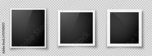 A set of realistic Polaroid photo frame layouts with glare on a gray background. A collection of vintage postcards. The layout of an empty photo frame with a shadow. Vector EPS 10.