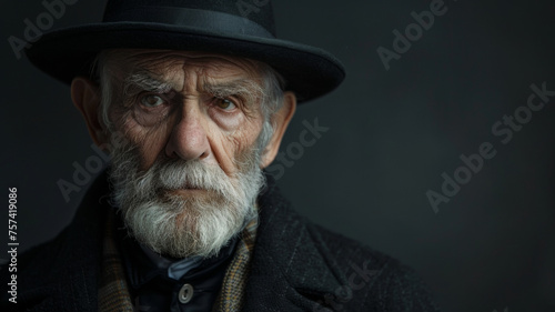 Stern old man with piercing eyes, donning a hat and coat in a moody setting.