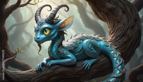 A tiny  horned creature with opalescent scales and luminous eyes  its serpentine tail coiled around a gnarled tree branch as it surveys its domain with an air of ancient wisdom.