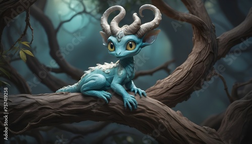 A tiny, horned creature with opalescent scales and luminous eyes, its serpentine tail coiled around a gnarled tree branch as it surveys its domain with an air of ancient wisdom.