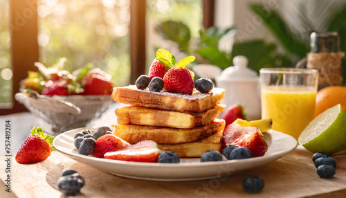 French toast with fresh fruits served on plate.