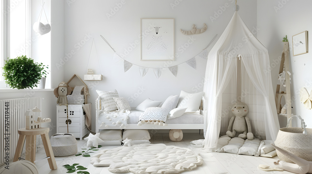Minimal yet enchanting nursery room designed with whimsical decorations, plush toys, and cozy textiles creating a nurturing and soft space Minimal yet enchanting nursery room designed with whimsical decorations, plush toys, and cozy textiles creating a nurturing and soft space