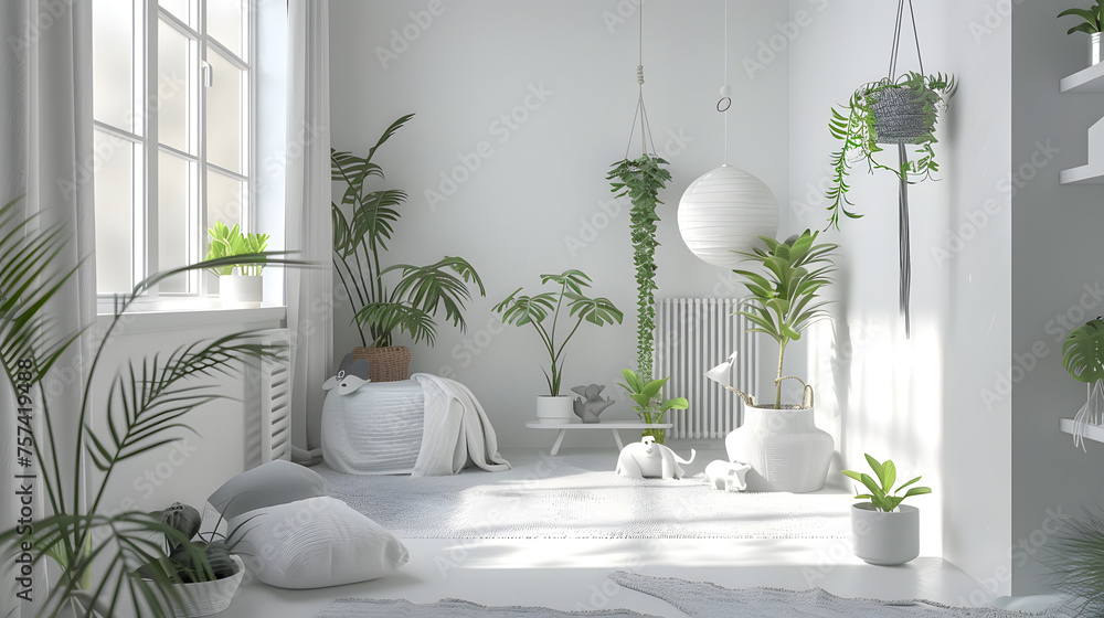 This minimalist room utilizes white tones and green plants to create a calm and refreshing space that feels open and light