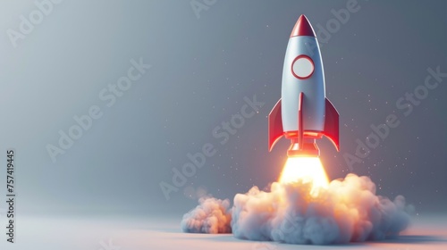 A Start up rocket take off launch from earth isolated on gray background. AI generated image