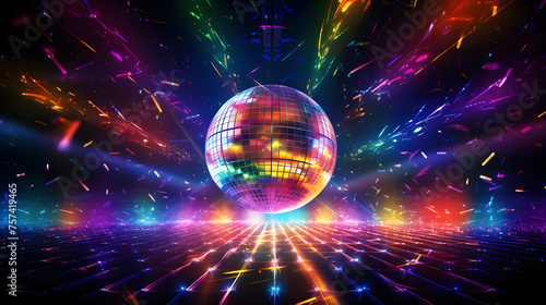 A disco ball glows in the club, sparkling with rainbow colors. Concept of holiday, fun and entertainment photo