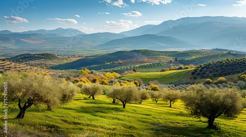 Serene olive grove basking in sunlight, rolling hills and verdant fields under a clear blue sky. perfect outdoor scenery for calm backgrounds and nature themes. AI