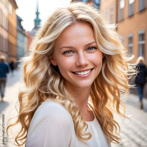 A stunning Swedish beauty with flawless skin and a playful smile, her blonde hair framing her face in loose curls as she walks through Stockholm Old Town, radiating charm and allure with every step.