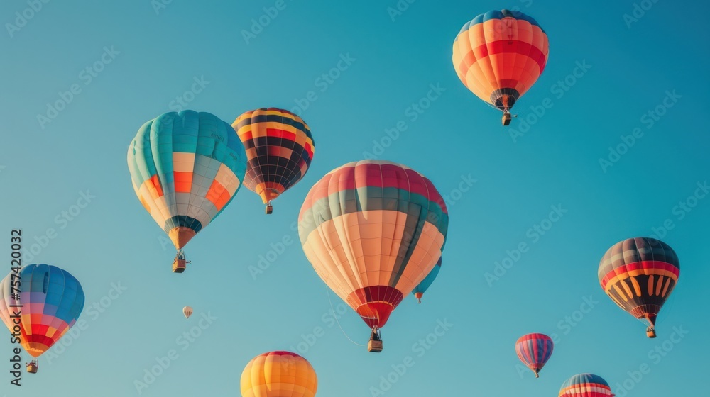 A cluster of vibrant hot air balloons floats serenely in a clear blue sky, offering a sense of adventure and freedom. A cluster of vibrant hot air balloons floats serenely in a clear blue sky, offering a sense of adventure and freedom.
