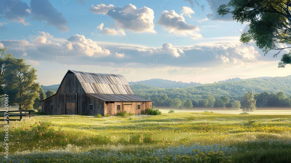 A serene landscape featuring an old barn amidst a field of wildflowers with a backdrop of lush hills under a partly cloudy sky. A serene landscape featuring an old barn amidst a field of wildflowers with a backdrop of lush hills under a partly cloudy sky.