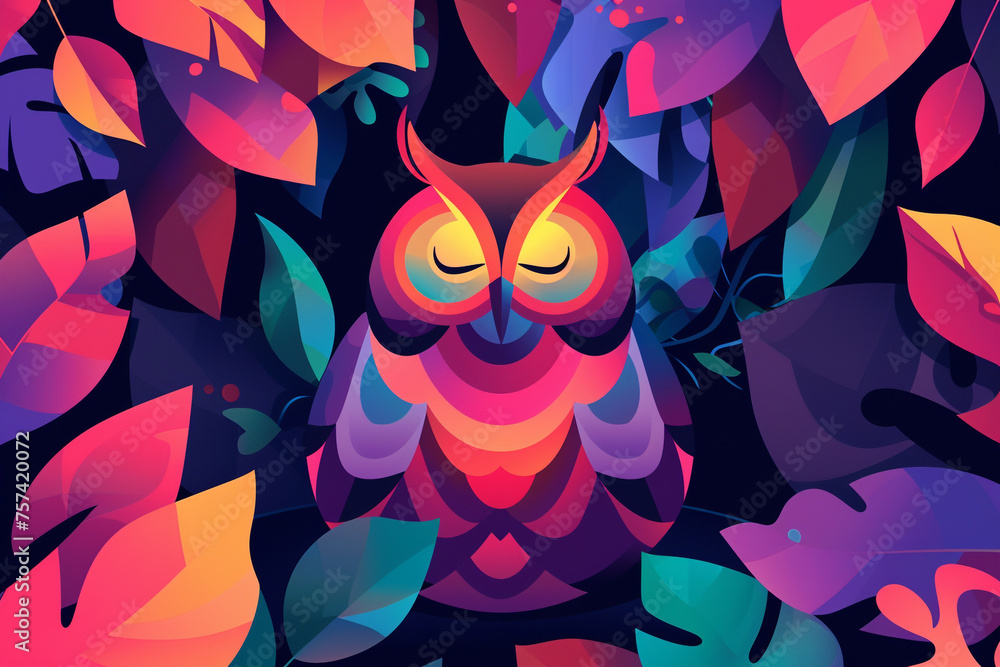 Fototapeta premium Illustration of an owl sleeping on a tree branch. Vibrant color image with cheerful mood.