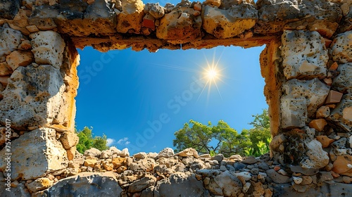 Sunny day through ancient stone ruins window, blue sky, natural frame, historic tourism concept. AI