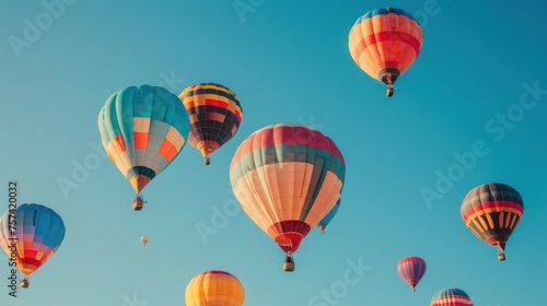 A cluster of vibrant hot air balloons floats serenely in a clear blue sky, offering a sense of adventure and freedom.